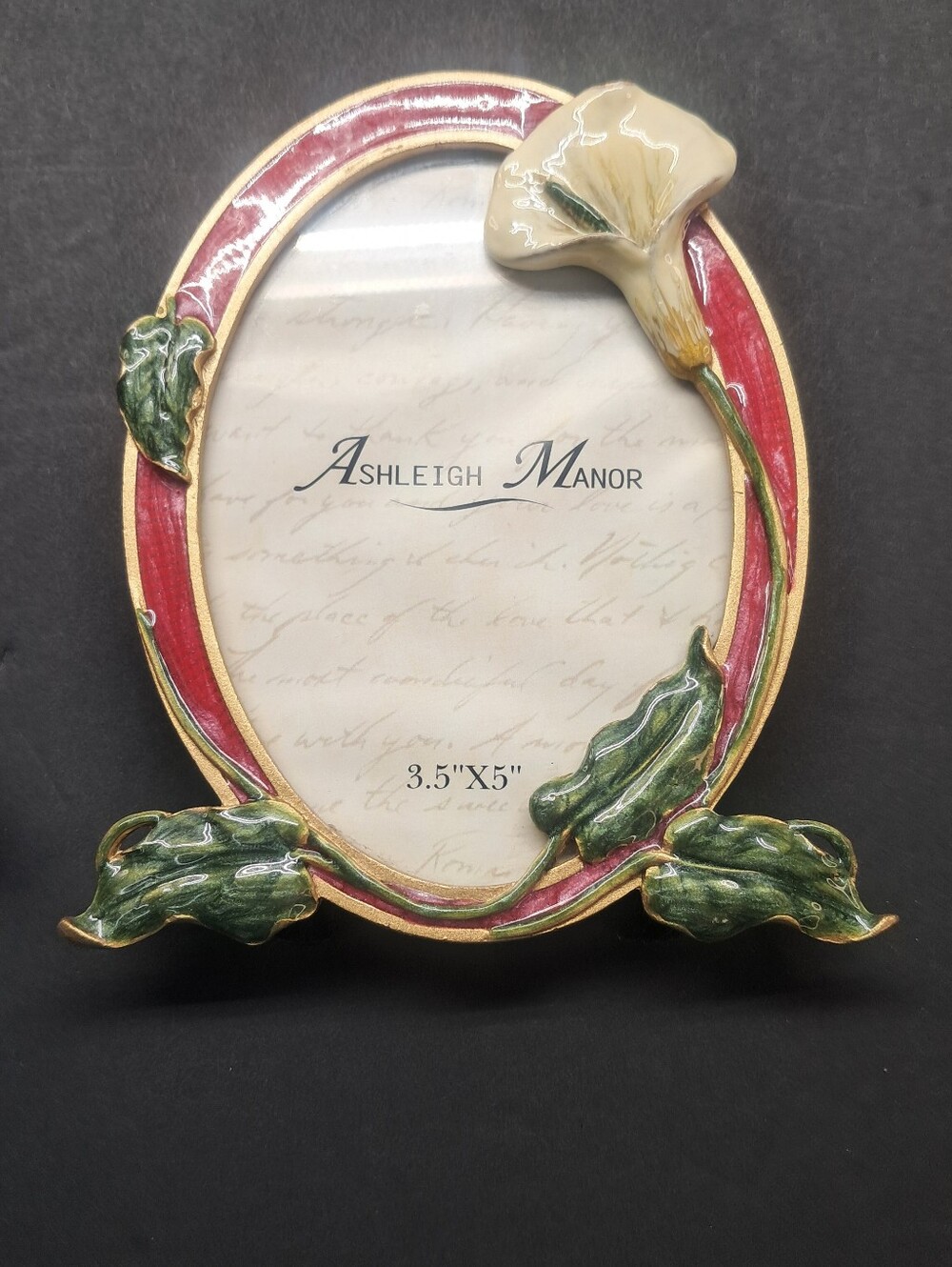 Vintage Ashleigh Manor 3.5x5 Oval Picture Frame Enameled Trumpet Flower